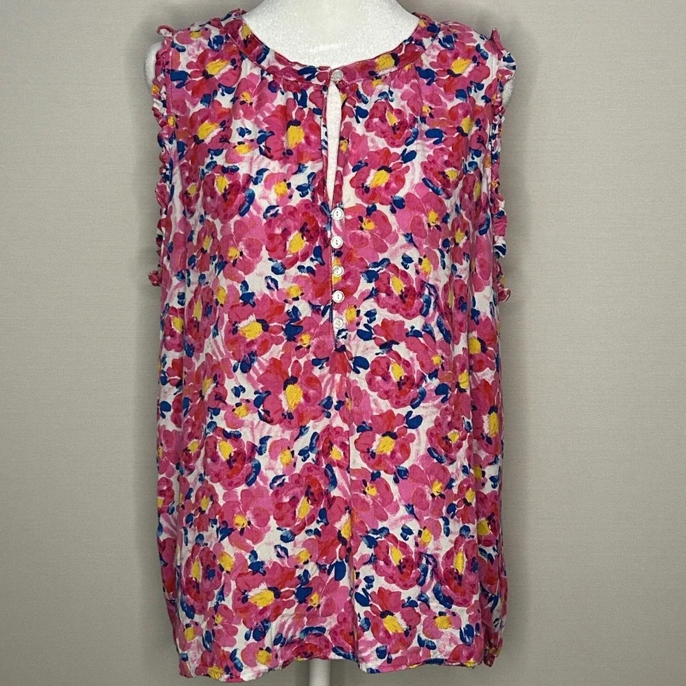 Time and Tru Pink Floral Sleeveless Ruffle Blouse Large Colorful Feminine Casual